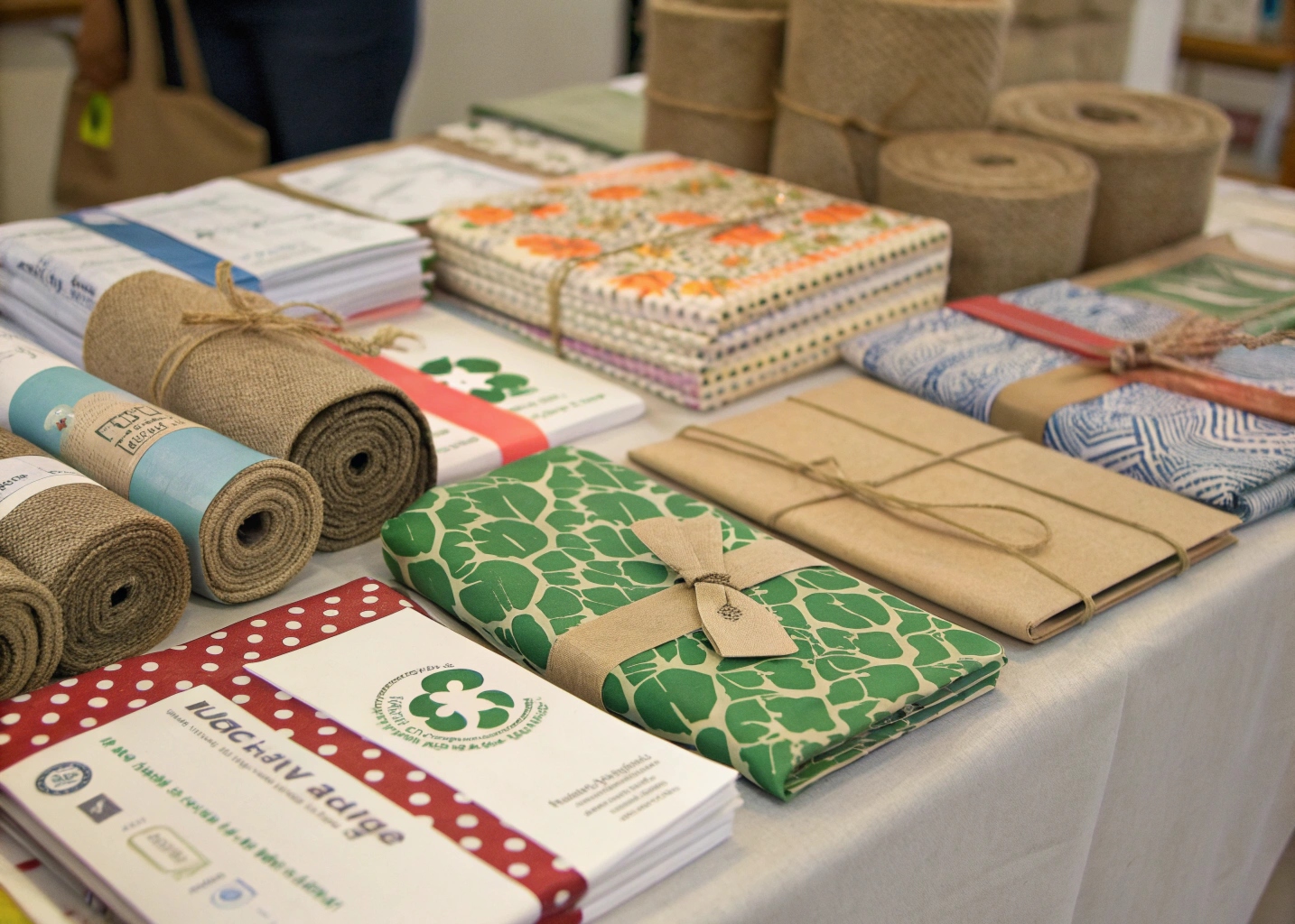 Eco-friendly gift wrapping materials including recycled papers, hemp ribbons, and reusable fabric wraps displayed on a table