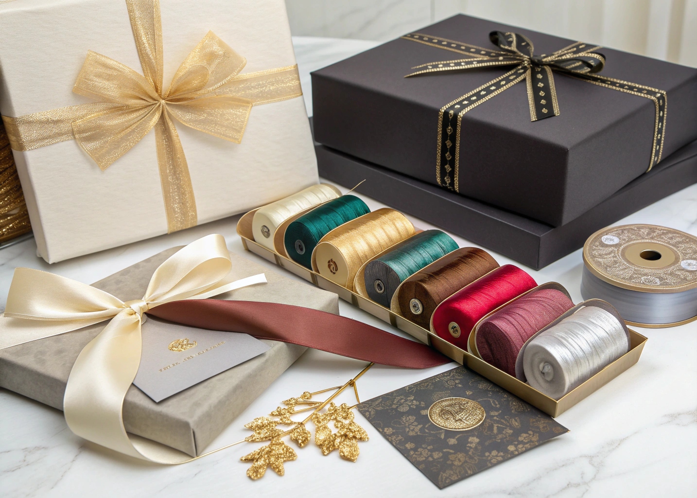 Premium luxury gift wrapping materials including silk ribbons, metallic foils, and handcrafted decorative elements arranged elegantly