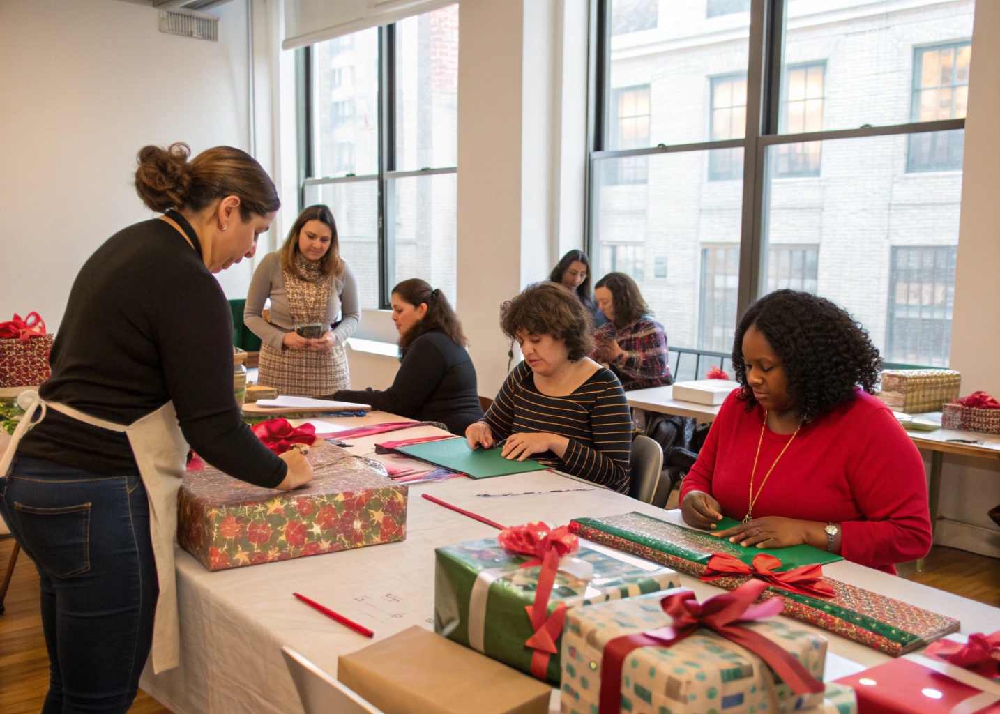 Group workshop participants learning gift wrapping techniques with instructor guidance in a welcoming studio environment